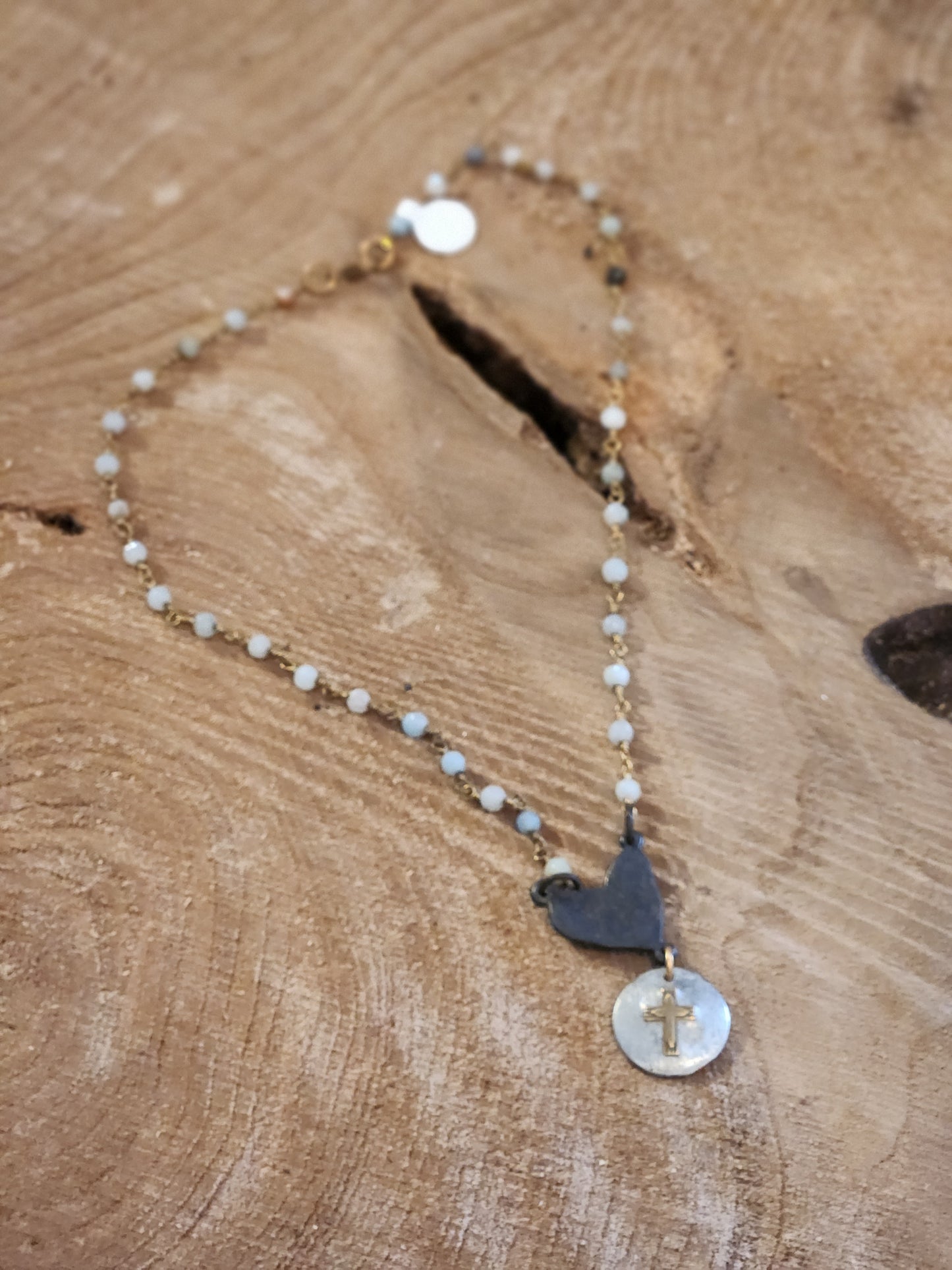 Beaded Chain Necklace w/Metal Heart and Cross Charm on 18"Chain