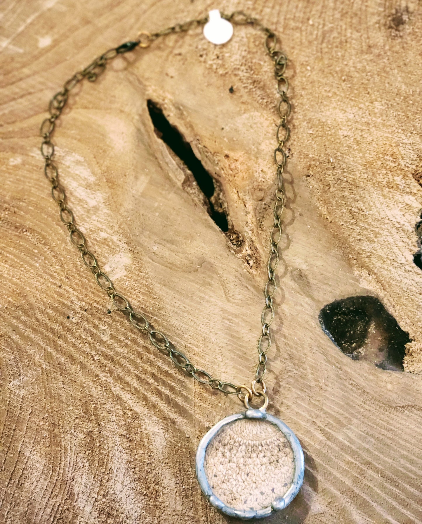 Vintage Crocheted Piece in Metal Pendant Necklace on 18" Chain