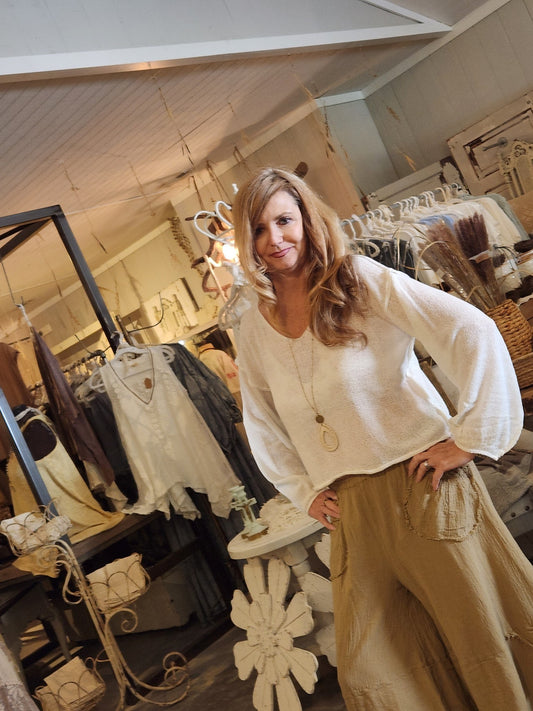 Long Sleeve White Lightweight Cropped Sweater[Large]