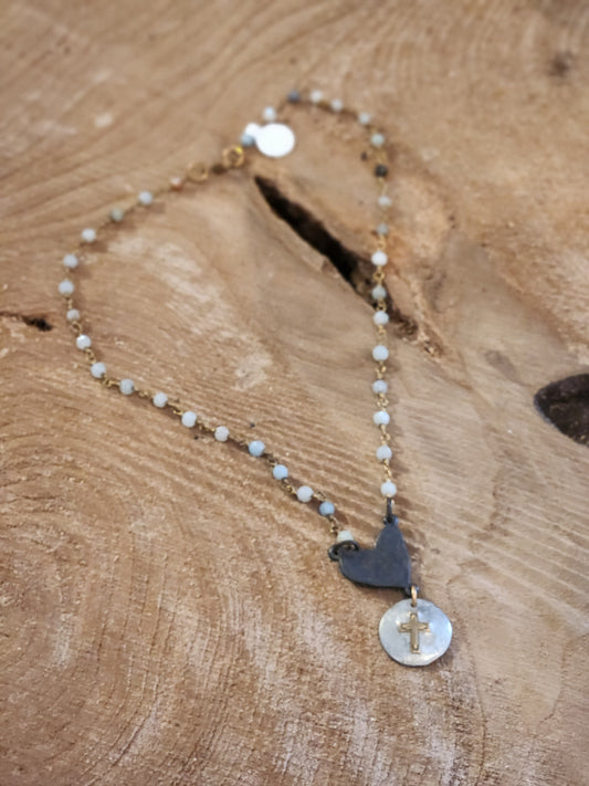Beaded Chain Necklace w/Metal Heart and Cross Charm on 18"Chain