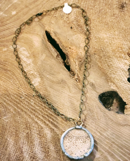 Vintage Crocheted Piece in Metal Pendant Necklace on 18" Chain